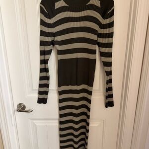 Chic Striped Black and Gray Midi Dress